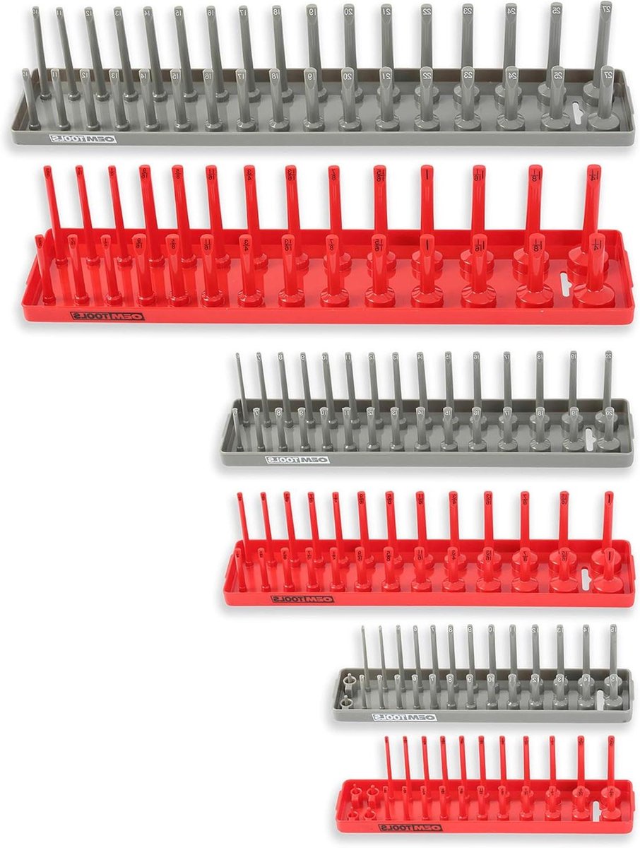 Dopsleutelhouder Set - Socket Organizer - Gereedschap Organiseren - Kleurgecodeerd Systeem - 6 Delig - Rood/Grijs