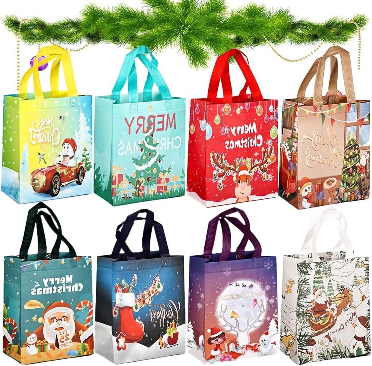 Herbruikbare Kerstcadeauzakken - Set van 12 Fleece Tassen met Handvatten voor Cadeaus, Winkelen en Feestdagen - 31,5 x 17 x 25 cm