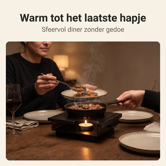 Lomera Warmhoudplaat - Rechaud op Waxinelichtje - Voedselverwarmer - Schotelwarmer - Bordverwarmer - Non-Stick Coating - Warmhouder - Theelichthouder - Tafelwarmer - Handvaten - Afneembaar Rooster - Kaarsjes - Zwart — afbeelding 5