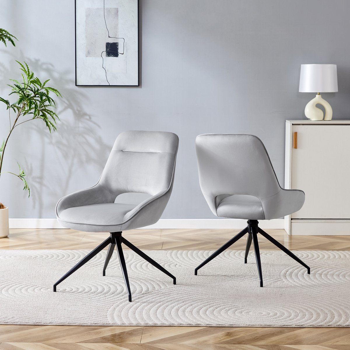 Clruro Eetkamerstoelen - 2 Stuks - 360° Draaibaar met Zwarte Poten - Velours en Metaal - Lichtgrijs Zwart, lichtgrijs