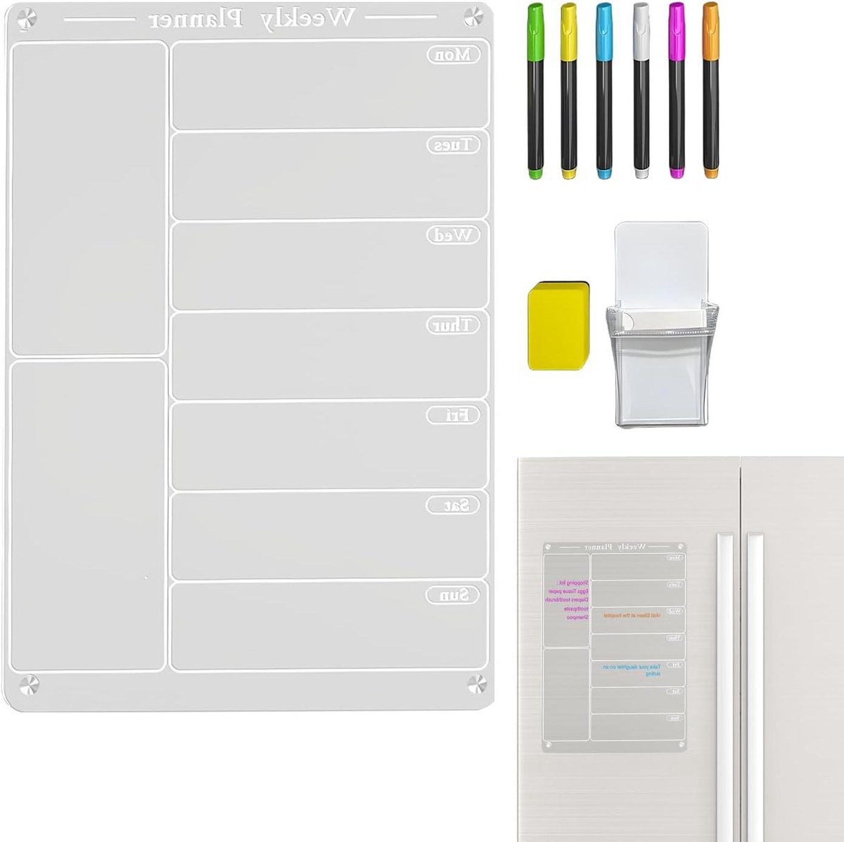 Weekplanner Koelkast - Maaltijdplanner Acryl - Gezin Organiseren - Herbruikbaar Whiteboard - 32 x 21 x 4 cm - Transparant