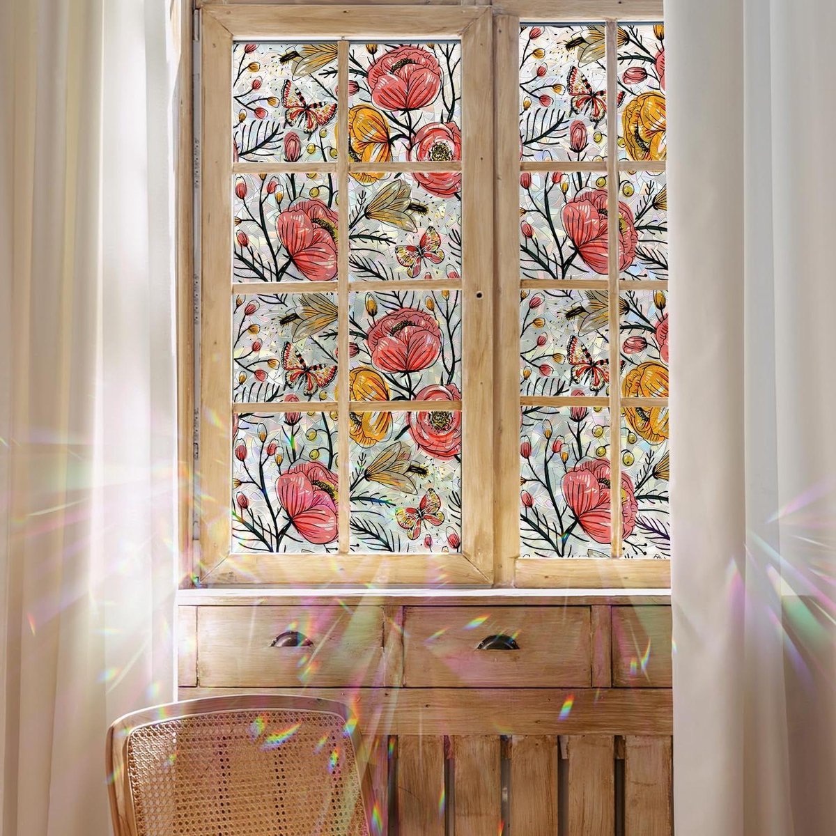 Raamfolie Bloemen - Glasfolie Decoratie - Privacy Creëren - Statisch Hechtend - 28x100cm - Gekleurd