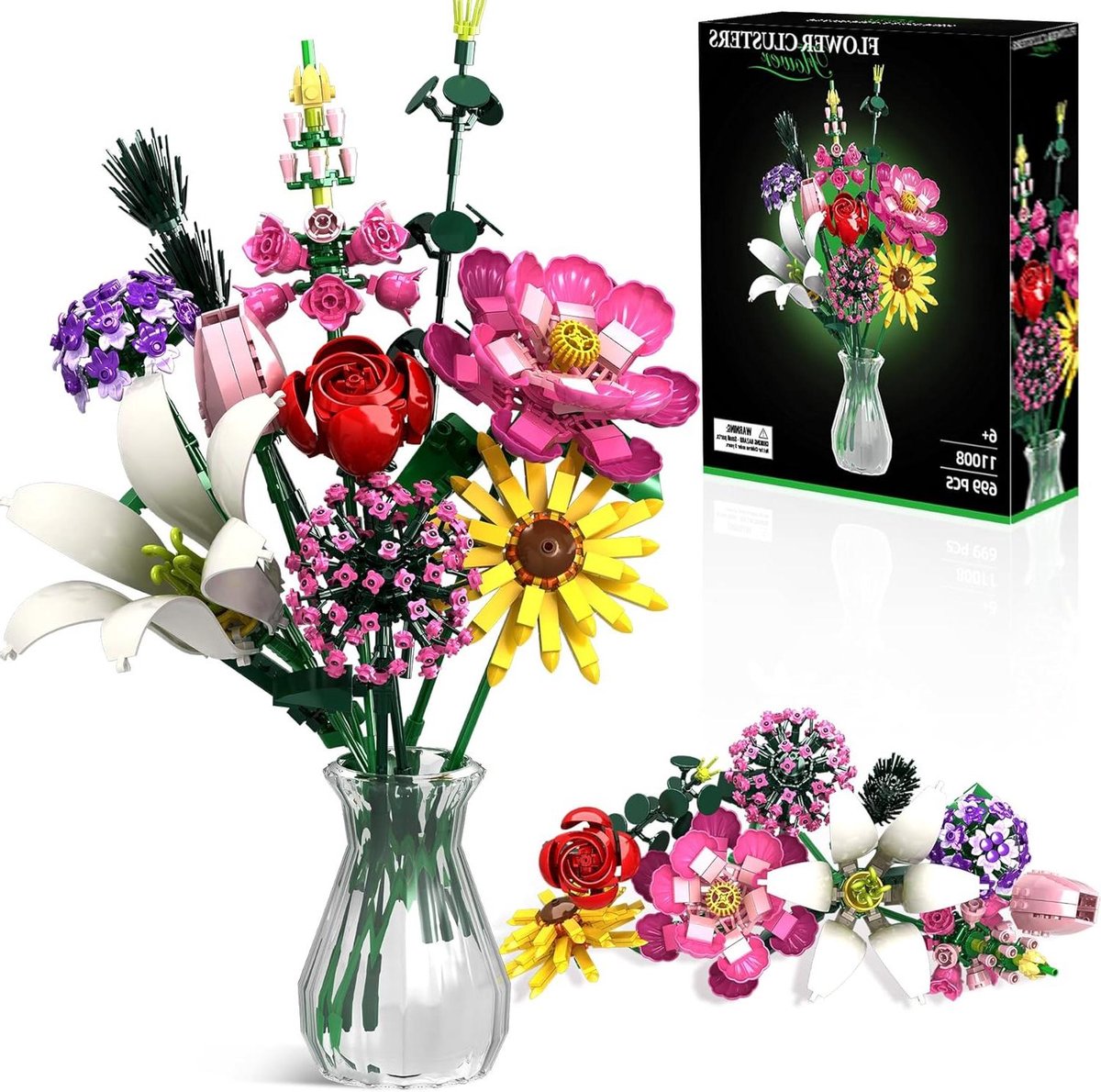 Bloemen Bouwset - Boeket Bouwpakket - Woondecoratie - Aanpasbare Arrangementen - 699 Stukjes - Veelkleurig