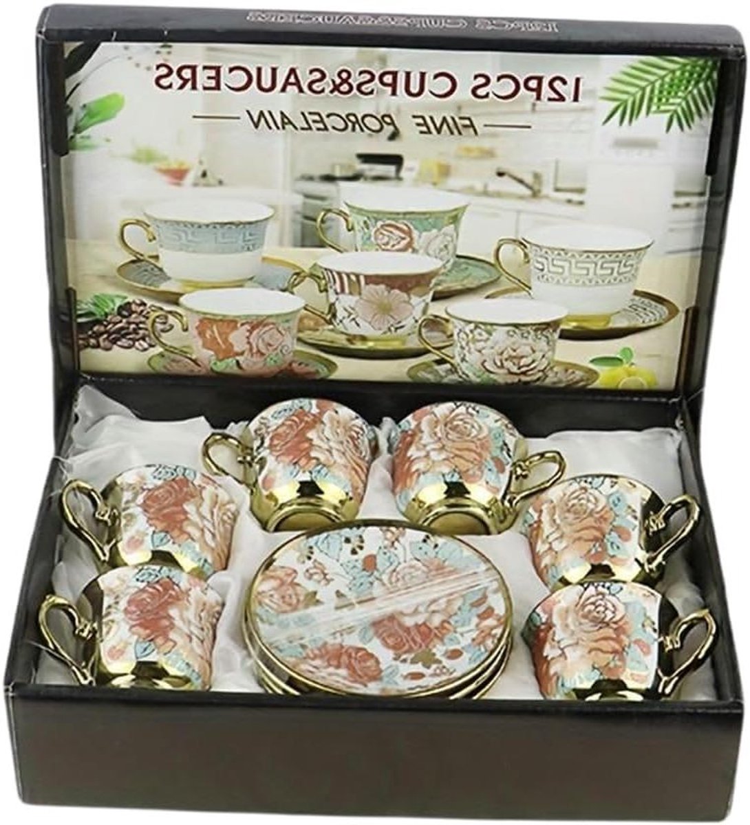 Keramische Theeset - Koffieset Mokken - Thee en Koffie Drinken - Handgeschilderd Bloemenpatroon - 6 Kopjes en Borden - Wit