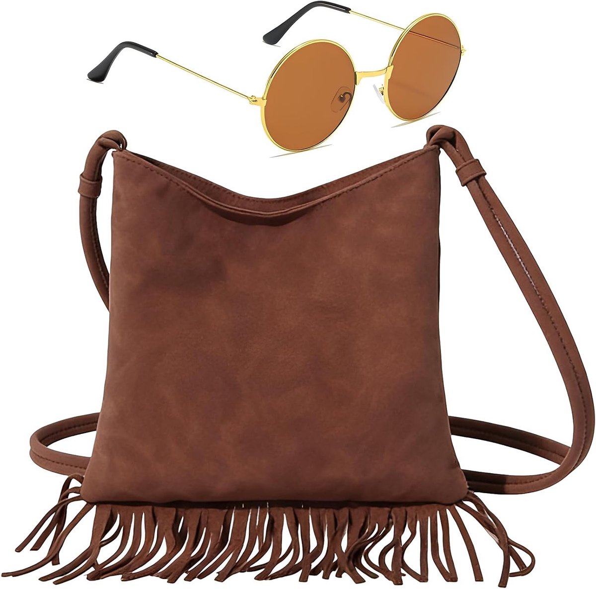 Hippiekostuum voor dames met accessoires, jaren 70 outfit voor carnaval, festivals en themafeesten, boho stijl en ronde bril