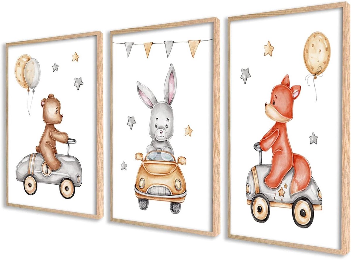 Kinderkamer Posters - Wanddecoratie Set - Babykamer Aankleden - Set van 3 - 40x50 cm - Dieren Auto