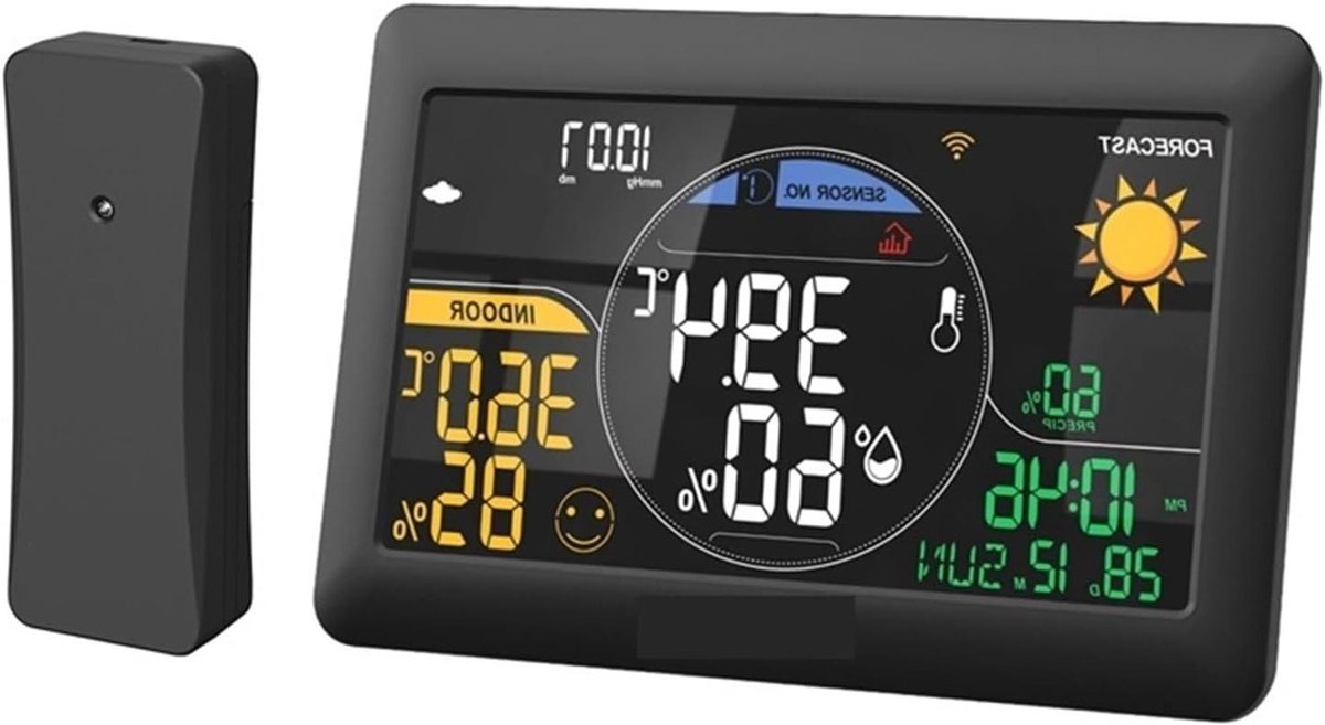 WiFi Weerstation - Draadloze Thermometer Klok - Thuis Weer Monitoren - Realtime Lokale Voorspelling - 7.5 Inch Scherm - Zwart
