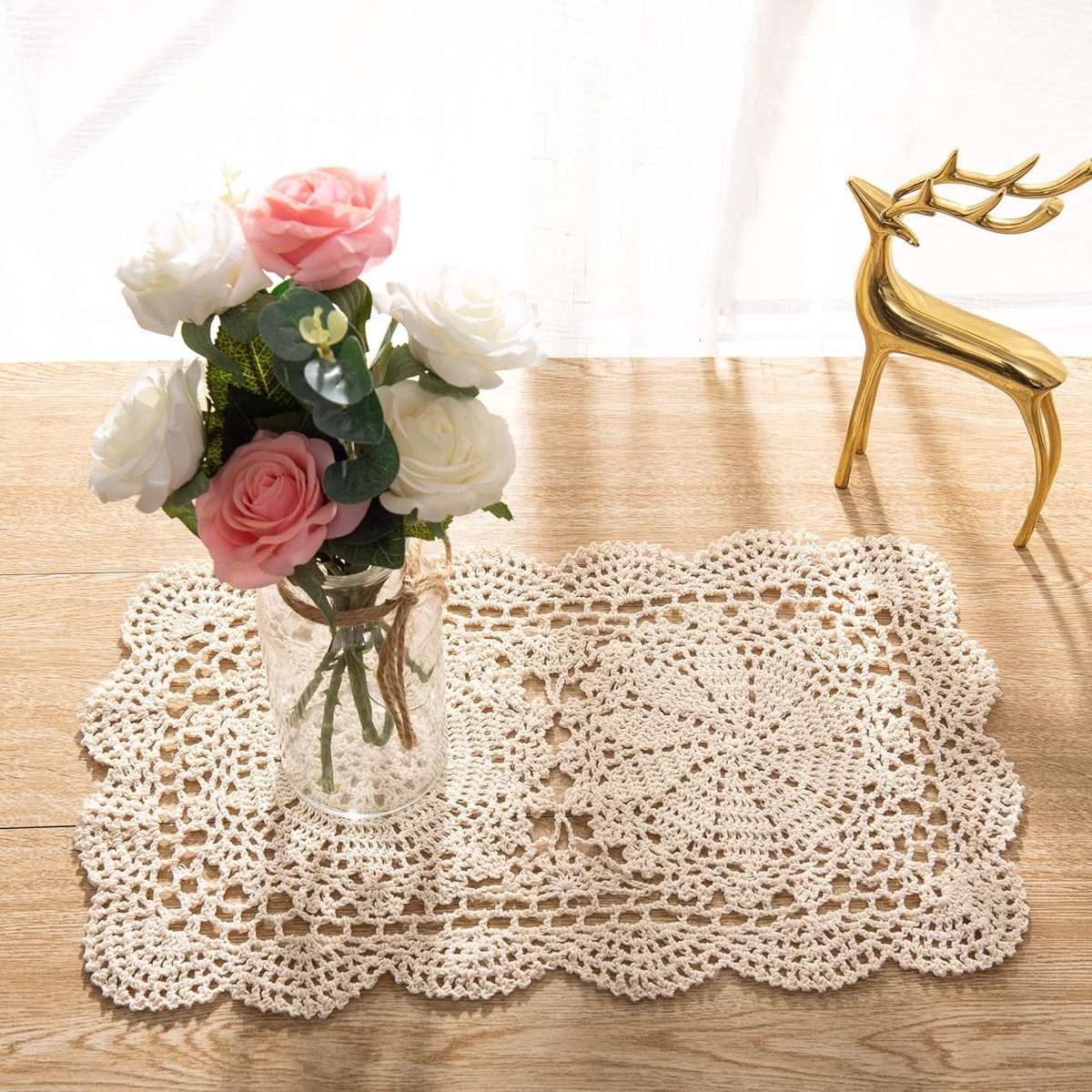 carmdering - Placemats Baumwolle - Tafelkleedjes - Rechthoekige Onderleggers - Handgehakeld Vintage Design - Hittebestendige Tafelbescherming - Zacht Katoen - Romantische Landhuisstijl - Veelzijdig Voor Eetkamer En Feesten - 2 Stuks - Beige