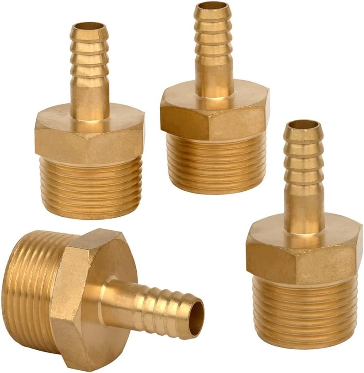 4-delige messing barb fitting set voor 3/8" slang ID x 3/4" mannelijke aansluiting, ideaal voor leidingen en waterafvoer