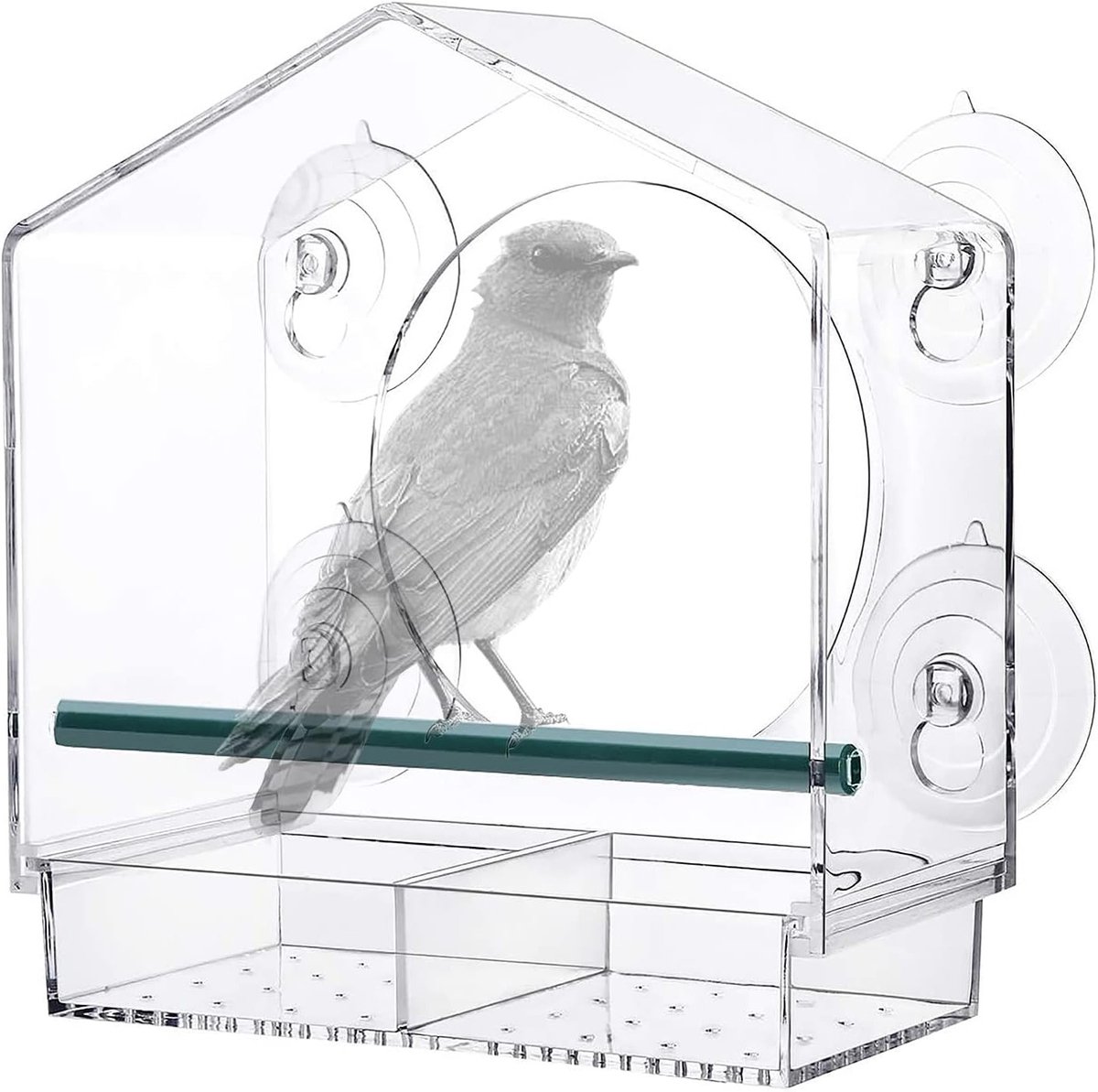 Grote Capaciteit Raamvoederhuis voor Vogels met Sterke Zuigkracht, Afneembare Zadenbak en Afvoergaatjes voor Voeding van Kleine Wilde Vogels zoals Dodaars, Pimpelmees en Roodborst, 21cm x 20cm x 10cm