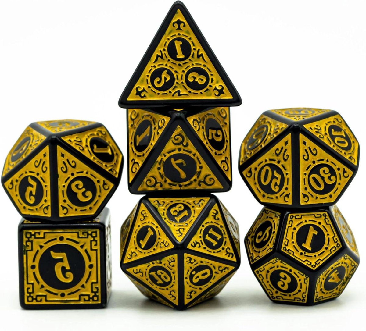 Dobbelstenen Set - Veelvlaks Dobbelstenen - Rollenspellen Spelen - Gemakkelijk te Lezen - 7 Stuks - Geel Zwart