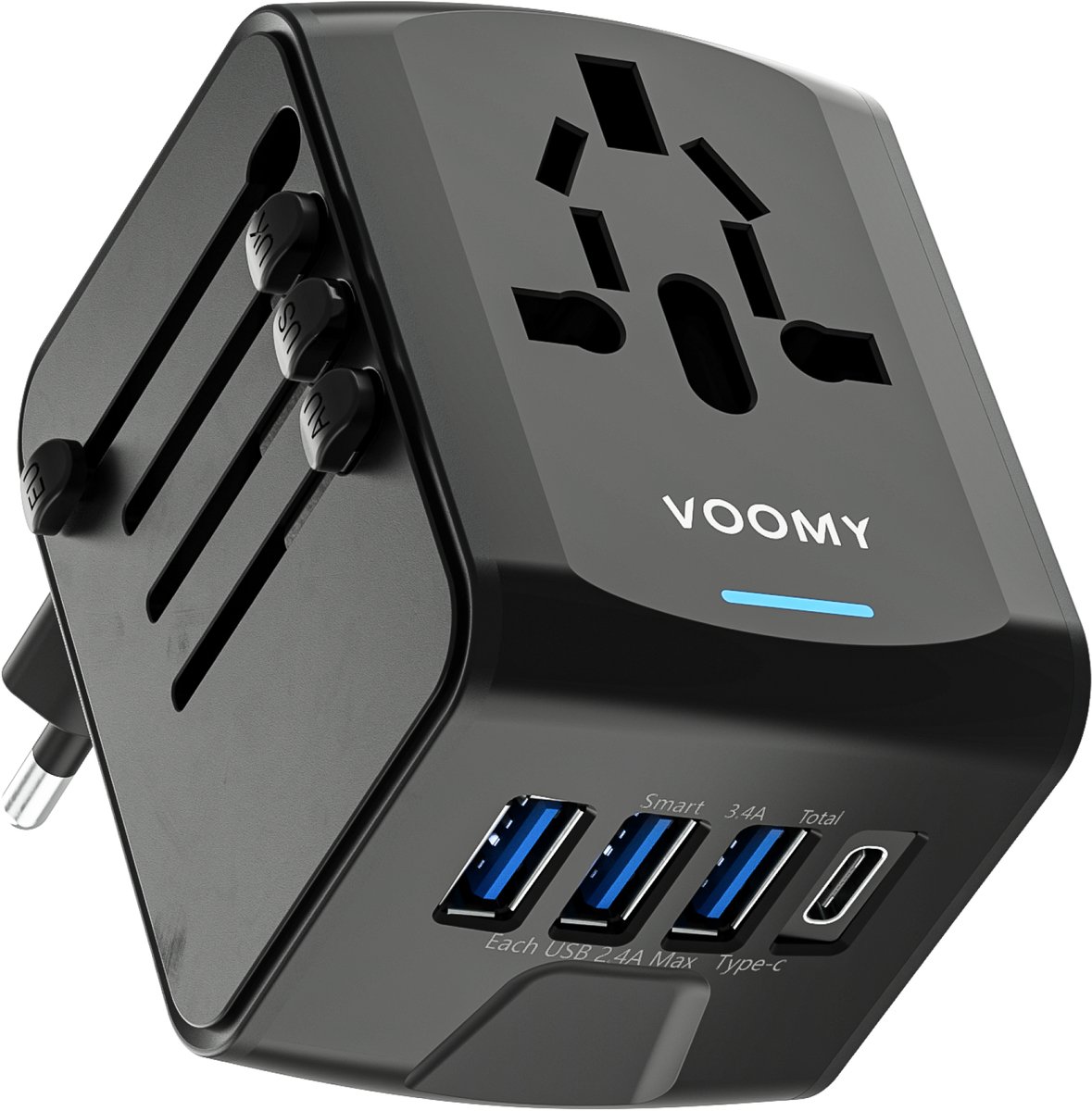 Bol.com Voomy Reisstekker 170+ landen - Universele Wereldstekker - 1 USB-C & 3 USB-A - Reisadapter Wereld Engeland (UK), Amerika... aanbieding