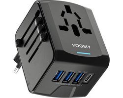 Voomy Reisstekker 170+ landen - Universele Wereldstekker - 1 USB-C & 3 USB-A - Reisadapter Wereld Engeland (UK), Amerika (USA), Australië, Zuid Amerika, Afrika, Italië, Thailand - zwart