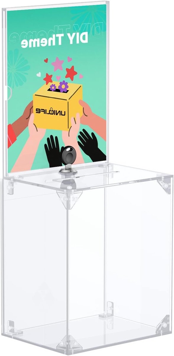Hoge donatiedoos van acryl met hangslot, transparante container voor geldinzameling, 17 x 13 x 20,5 cm, ideaal voor loterijen en evenementen