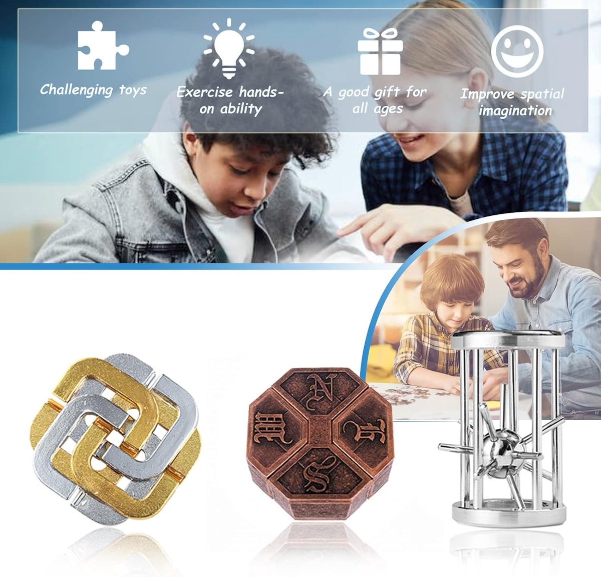 Metalen Puzzel Set - Hersenkrakers IQ Spel - Logisch Denken Oefenen - Traditionele Chinese Wijsheid - 15x15x5 cm - Antiek