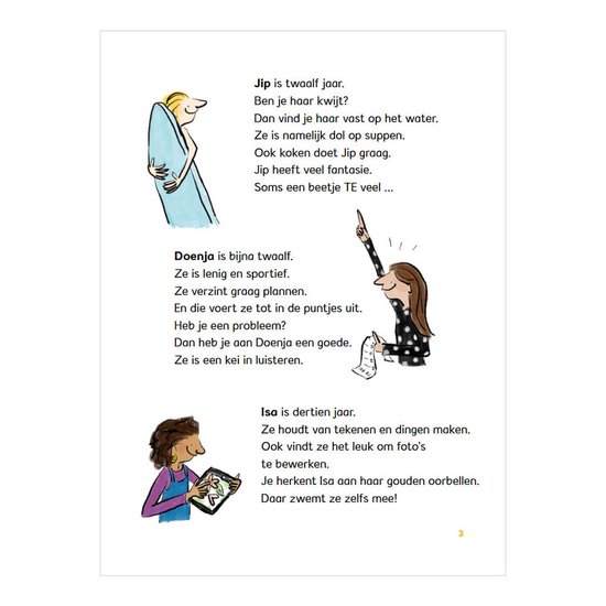 Illustratie met beschrijvingen van de personages Jip, Doenja en Isa.