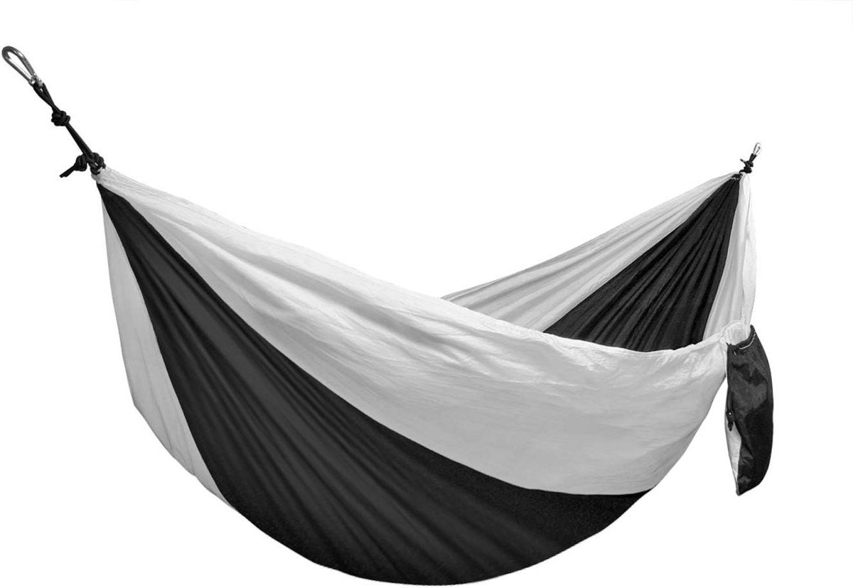 Nylon Hangmat - Parachutezijde - Ontspannen Buiten - Ultralicht & Compact - 275 x 140 cm - Zwart Wit