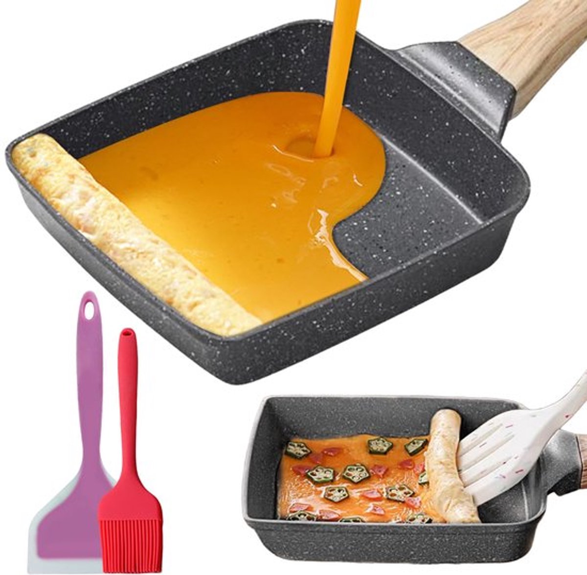 Tamagoyaki omeletpan, antiaanbaklaag, rechthoekige Japanse pan, antiaanbaklaag, geschikt voor alle kookplaten, oven en vaatwasser, 18 x 15 cm