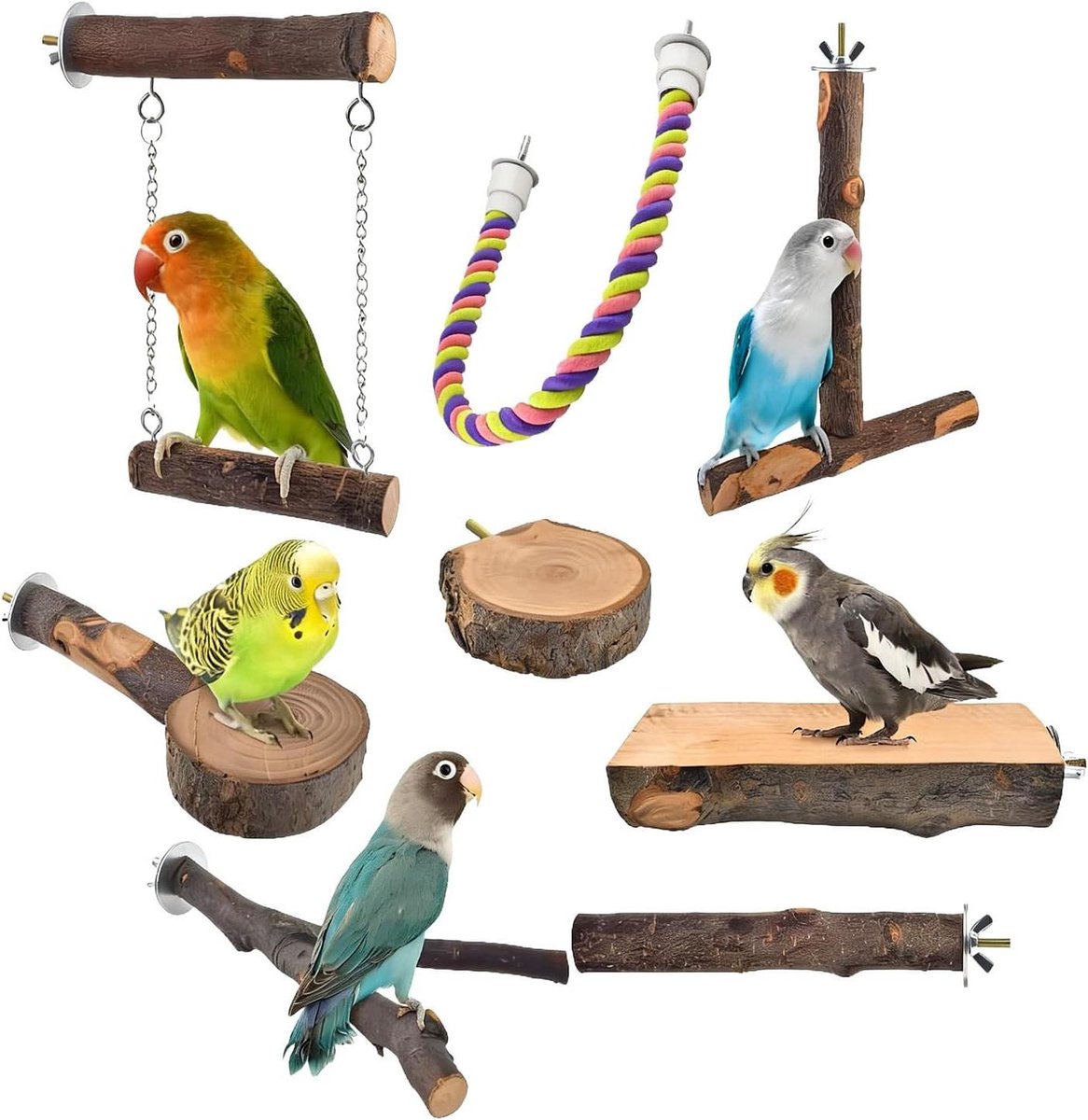 Houten Vogel Zitstokken - Parkietkooi Accessoires - Vogel Training - Antislip Natuurlijk Hout - 8 Stuks - Natuurlijk Hout