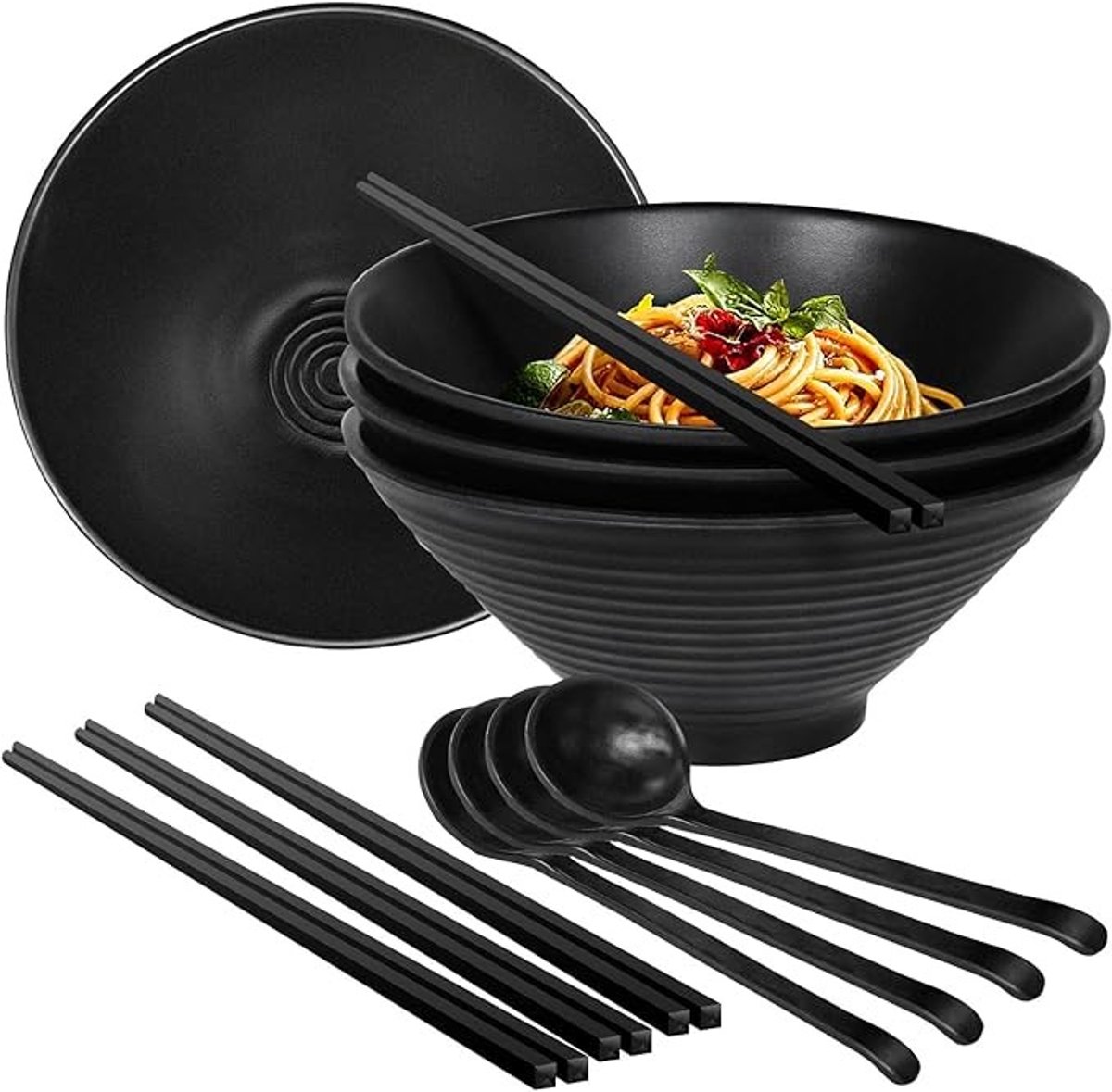 Set van 4 Diepe Ramenkommen met Eetstokjes en Lepels - 1600 ml - Vaatwasmachinebestendig