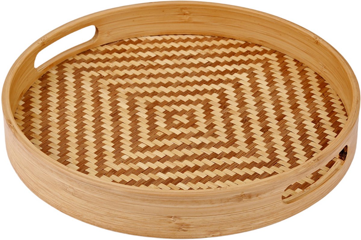 Decopatent - Bamboe Dienblad Rond - Diameter: 27 Cm - Dienblad met handvaten - Schaal - Presenteerblad - Serveerschaal - Woonaccessoires - Gevlochten Bamboe Riet - Afm: 27 x 27 x 3.8 Cm.