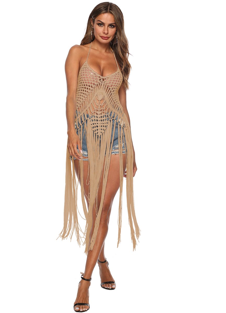 Killogood Haltermodel met bandjes Strandjurkje - Bikini cover up - Rugloos ontwerp - vakantiejurk - Voor strand - vakantie - One Size - Kaki