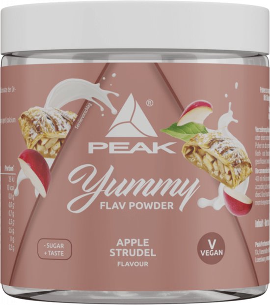 Fles Peak Yummy Flav Powder Apple Strudel met melk en stukjes appeltaart.