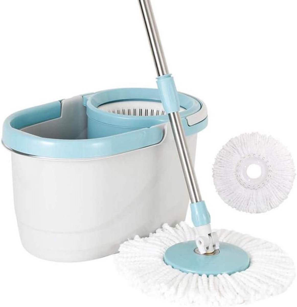Dweil Set - Spin Mop Emmer - Vloeren Schoonmaken - Handsfree Systeem - 132 cm - Blauw