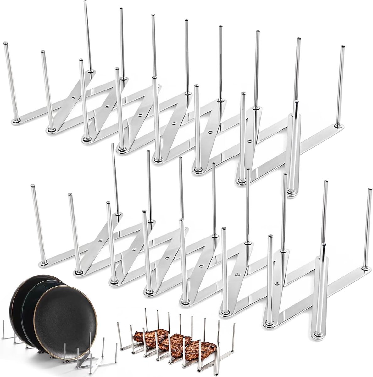Afwasrek 2 Stuks – Dekselhouder & Ribbenstandaard Van Roestvrij Staal – Uitschuifbaar Tot 84 cm – Multifunctioneel Als Stoombakstandaard, Serveersrek Of BBQ Accessoire – Roestbestendig – Vaatwasserbestendig