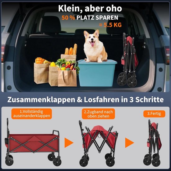 Opvouwbare Bolderkar - Tot 172 kg Draagkracht - Strandkar met 360° Draaibare Brede Wielen - Voor Camping, Tuin, Festival & Strand - rood — afbeelding 2