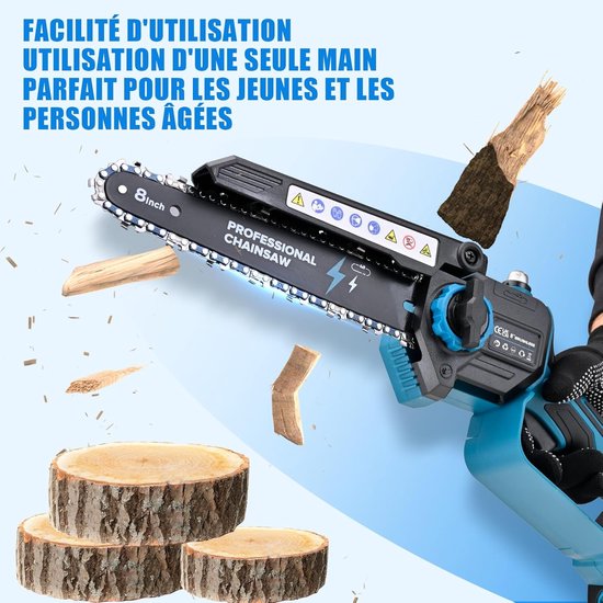 8-Inch Mini Accu Kettingzaag, 2×4000mah, 1200w, Voor Het Snoeien Van Bomen, Klussen En Doe-Het-Zelfprojecten — afbeelding 3