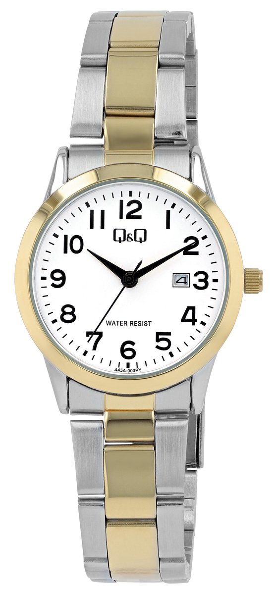 QQ-dameshorloge-bicolor-model a45a-003py-Datum-3 atm waterdicht-goud-zilverkleurig-duidelijke wijzerplaat-diameter 30 mm