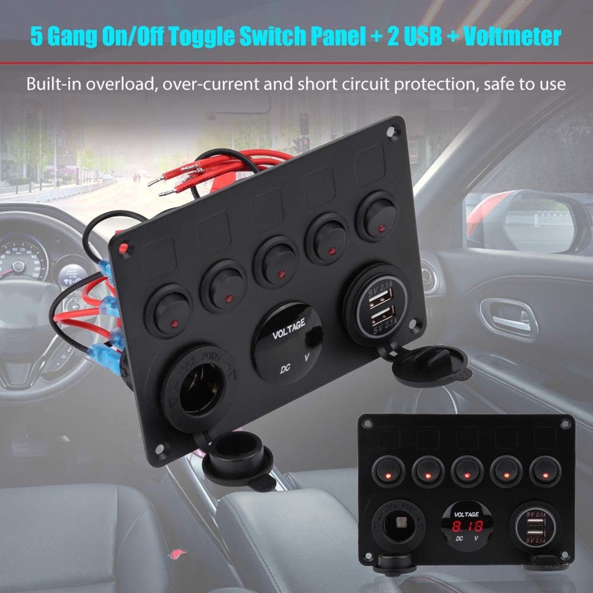 ONF3 - Yctze Ultra Luxe 5-Gang Rocker Switch Paneel met USB en Voltmeter voor Auto's en Botens
