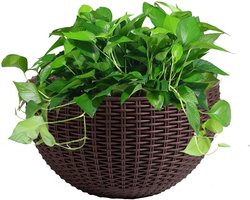 Bloempot om aan de muur te hangen - rustieke decoratieve bloempot van rotan aniet, 21 x 16 cm, zelfbewaterende hangende plantenbakken voor buiten, met afvoergat en haak