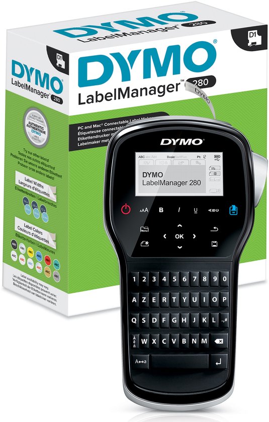 DYMO LabelManager 280 labelprinter en verpakking met groene accenten en Nederlandstalige tekst.