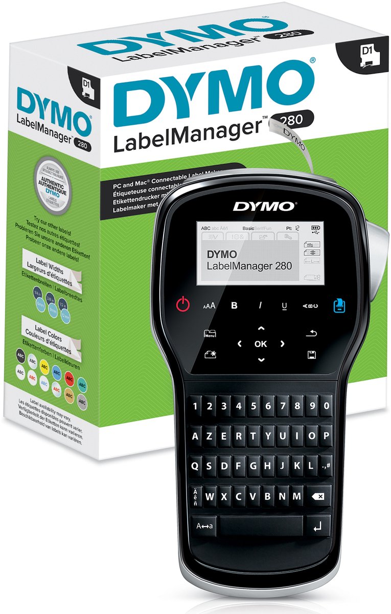 DYMO LabelManager 280-labelmaker | Oplaadbare, draagbare labelprinter met AZERTY-toetsenbord | Inclusief zwart-wit D1-labeltape (12 mm) | Voor thuis en op kantoor