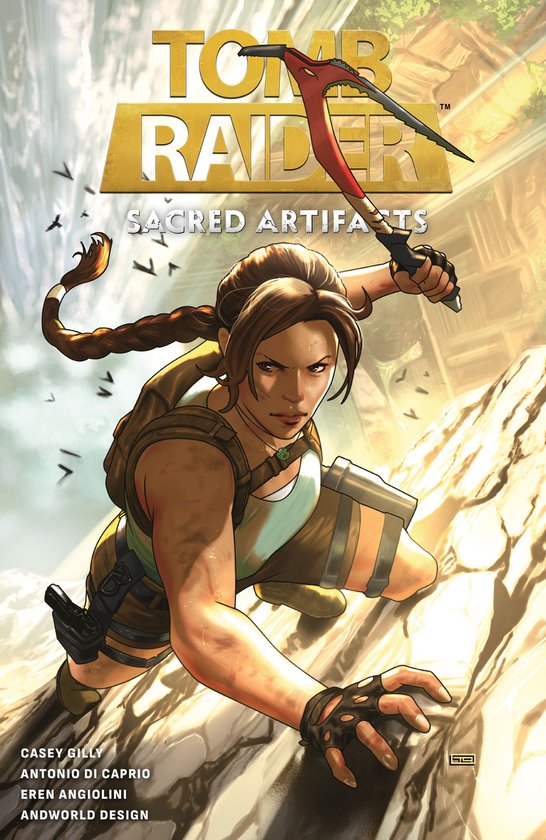 Lara Croft klimt met een ijshamer omhoog, een rugzak en een pistool. Tomb Raider: Sacred Artifacts.