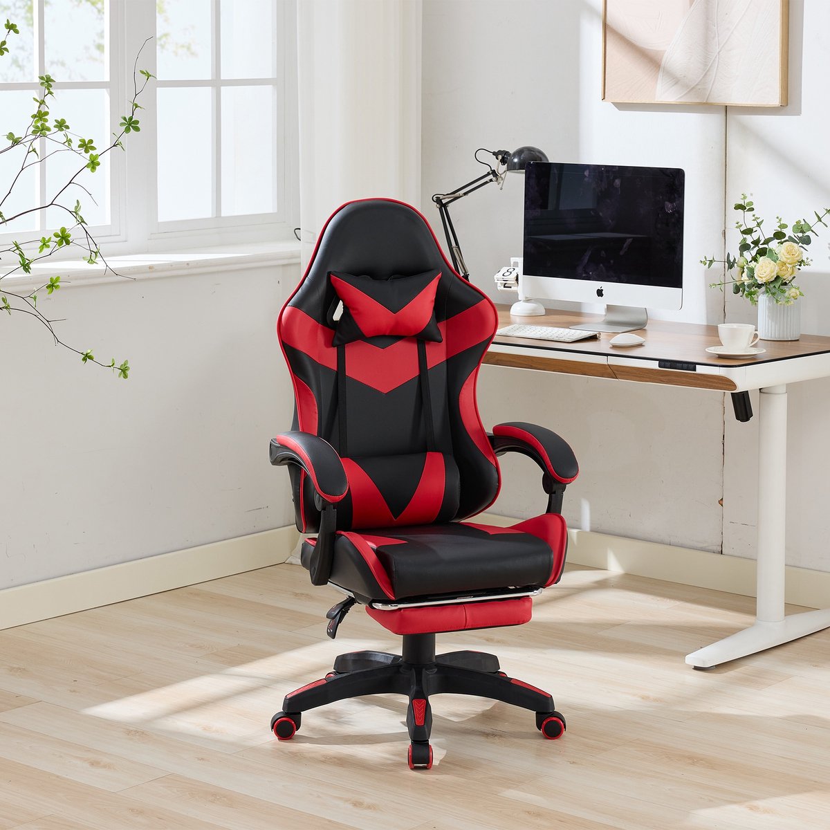 360° draaibare ergonomische gamingstoel in racestijl, lederen bureaustoel met hoge rugleuning, in hoogte verstelbaar met voetensteun, hoofdsteun en lendensteun voor kantoor en gaming – zwart & rood