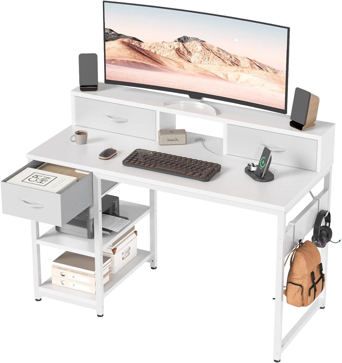 Bureau met lades - Computertafel Werktafel - Thuiswerken Organiseren - Omkeerbare planken Monitorhouder - 120 x 50 cm - Wit