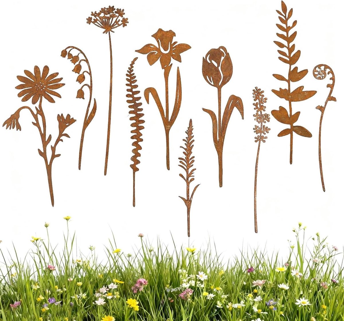 Tuinsteker Roest Bloemen - Metalen Bloemensteker Tuindecoratie - Tuin Verfraaien - Roestlook Metaal - 10 stuks - Roestbruin