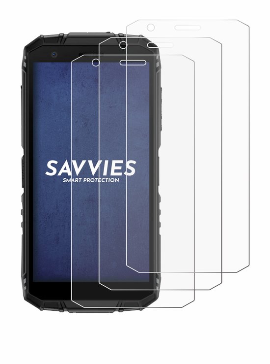 Drie transparante screenprotectors passend op een robuuste zwarte smartphone.
