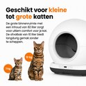 Kleine kitten (1kg) en grote kat (12kg) naast de witte 82L Zedar kattenbak, die geschikt is voor alle maten katten.