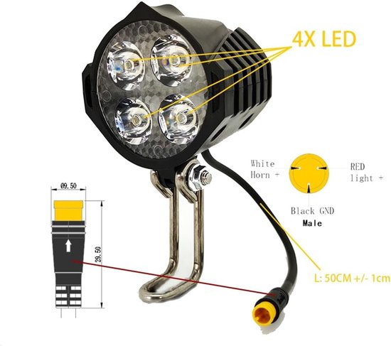 VHV - E-bike koplamp - LED voorlicht voor elektrische fiets - fiets koplamp 36V-48V waterbestendig met claxon - voor e-bike, e-step en scooter — afbeelding 2