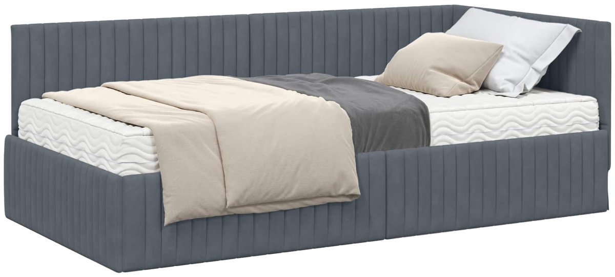 vidaXL Hoekbedframe - met - Matras - 2 - st - Donkergrijs - 100 - x - 200 - cm - Fluweel