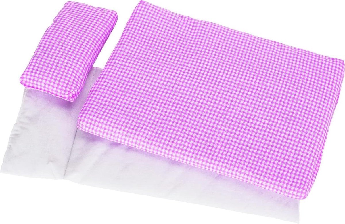 Poppenbeddengoed - Poppenhuis meubels - Poppenhuis inrichten - 3-delige set - 54 x 25 cm - roze wit geblokt