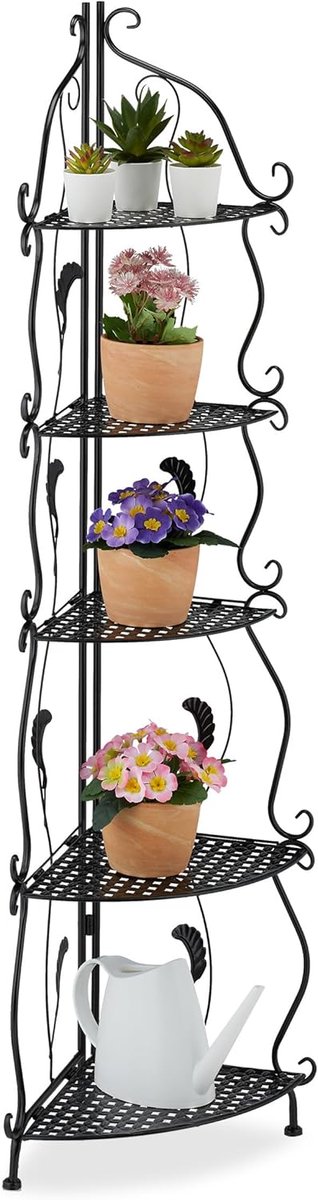 Famanu – Hoekplantenrek met 5 etages, afmetingen 136 x 30 x 30 cm, inklapbaar bloemenrek met vintage look, geschikt voor binnen, zwart