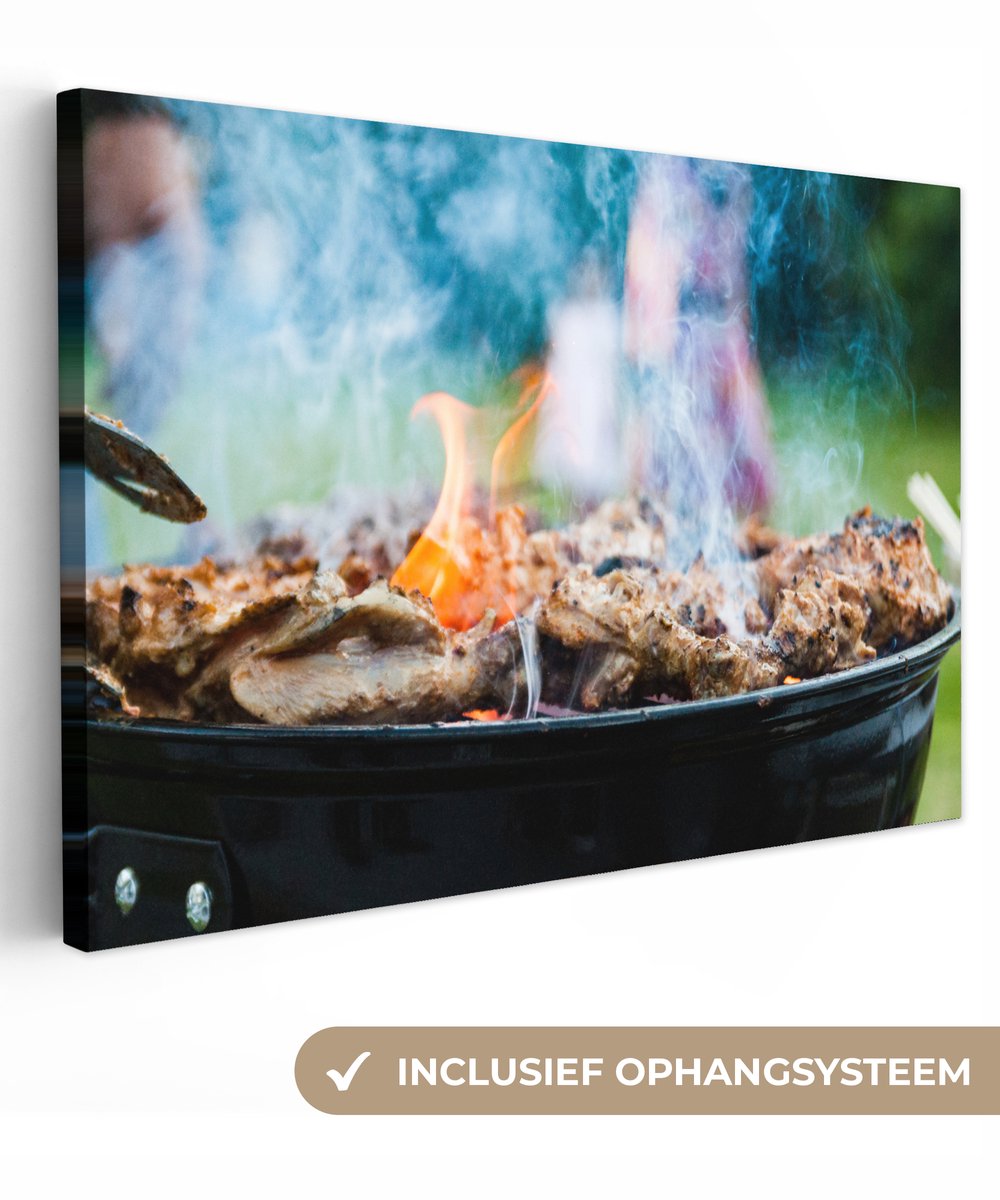 Canvas schilderij 60x40 cm - Wanddecoratie BBQ - Vlees - Rook - Muurdecoratie woonkamer - 