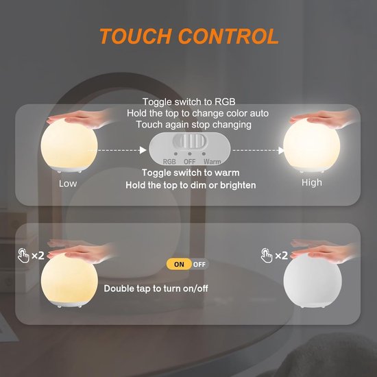 Nachtlampje voor kinderen - USB-oplaadbare LED-tafellamp - Dimbaar, warm licht, 7 kleuren, touchbediening, 0,5/1-uurs timer - Ideaal voor babykamers, slaapkamers en kamperen — afbeelding 4