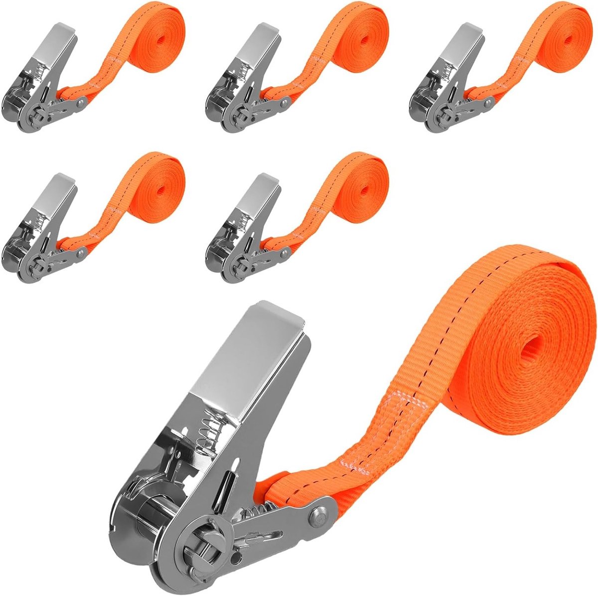 Dailygoods- Spanbanden met ratel - Sjorbanden - 6 stuks - 2,5 cm x 4 m - Oranje - Robuuste ratelsluitingen van verzinkt staal