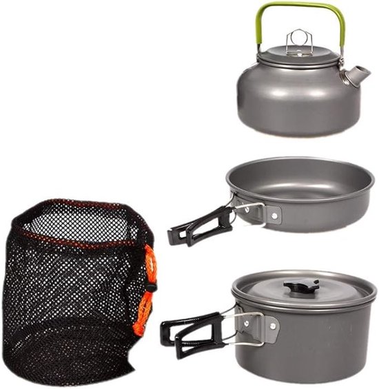 Opvouwbare camping kookset voor 2-3 personen - pannenset met steelpan, pan en theepot — afbeelding 4